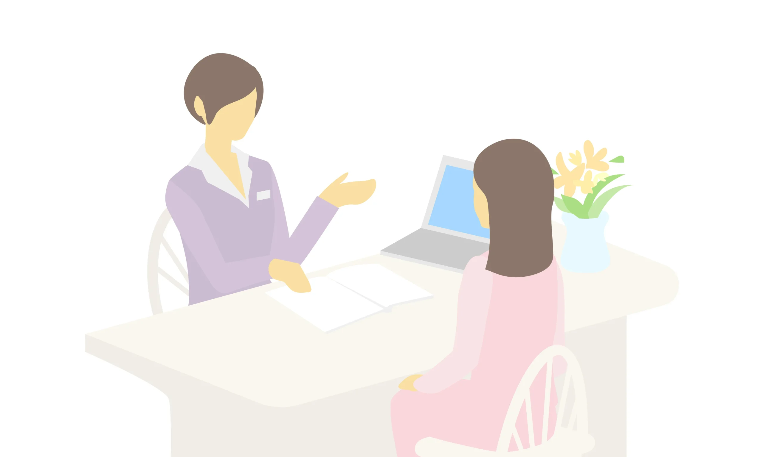 結婚相談所で仲人と結婚を相談している女性